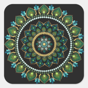 Green Mandala Handpainted Sacred Geometry Square Sticker