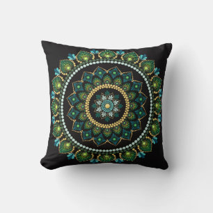 Green Mandala Handpainted Sacred Geometry Throw Pillow