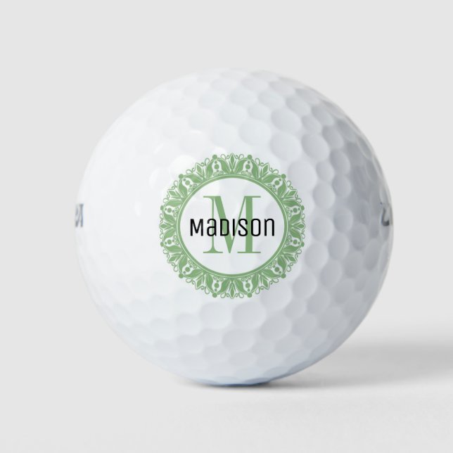 Green Mandala Monogram Initial Black Name Golf Balls (Front)
