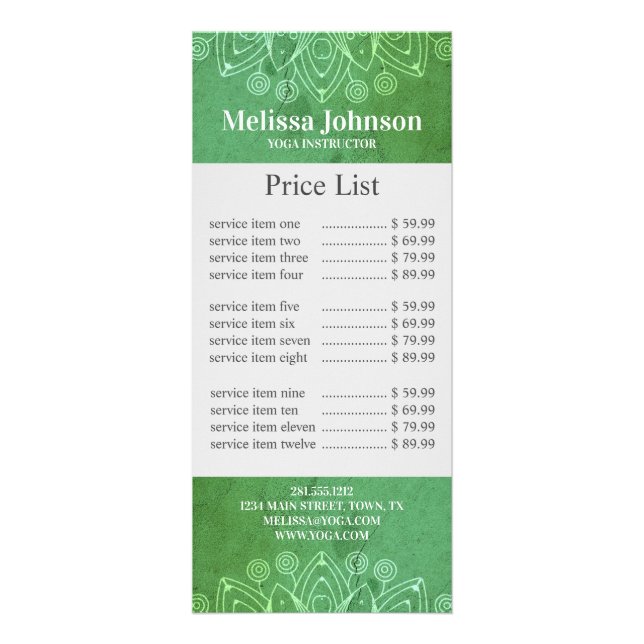 Green Mandala Yoga Meditation Business Rack Card (Front)