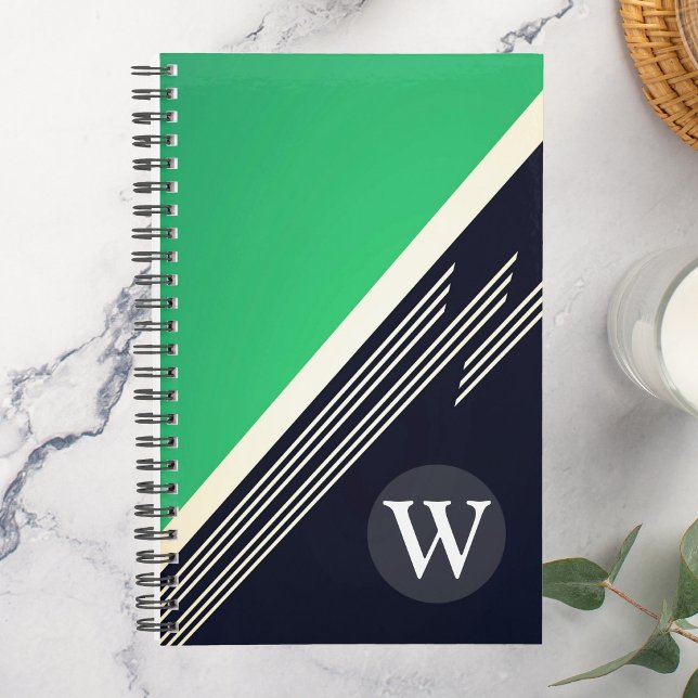 Green Manly Retro Abstract Stripes Custom Monogram Planner (Creator Uploaded)