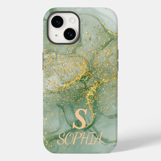 Green marble chic gold glitter monogram Case-Mate iPhone case (Back)