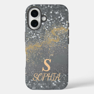 Green marble chic gold glitter monogram iPhone 16 case