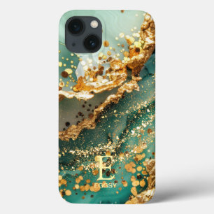 Green marble chic gold glitter monogram iPhone 13 case