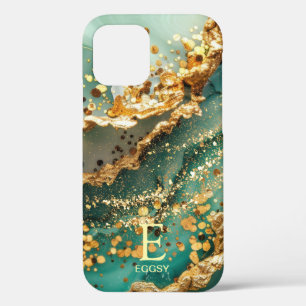 Green marble chic gold glitter monogram iPhone 12 case