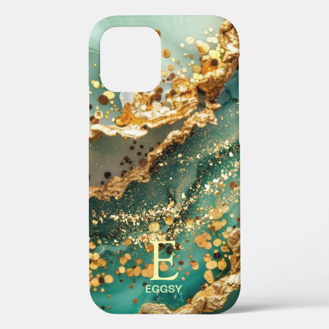 Green marble chic gold glitter monogram Case-Mate iPhone case (Back)