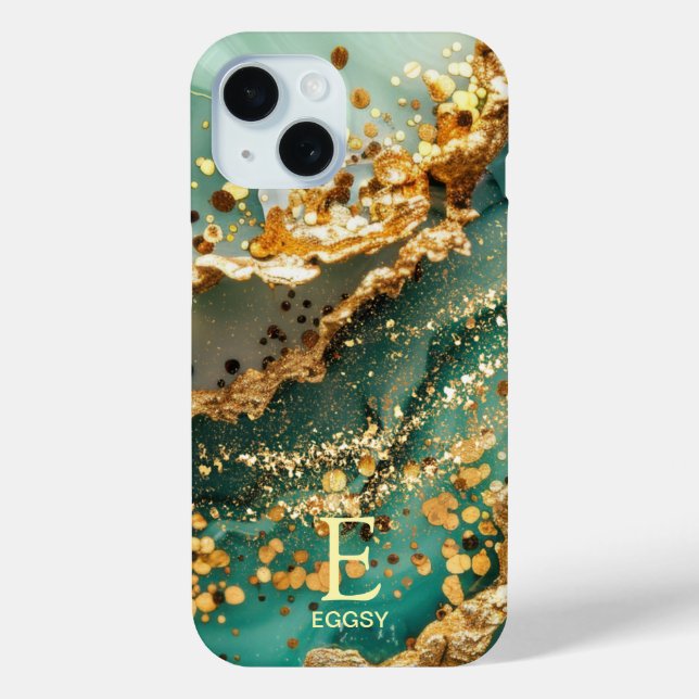 Green marble chic gold glitter monogram Case-Mate iPhone case (Back)