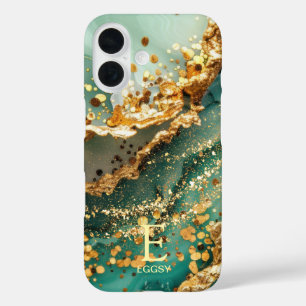 Green marble chic gold glitter monogram iPhone 16 case