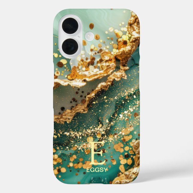 Green marble chic gold glitter monogram Case-Mate iPhone case (Back)