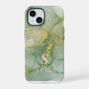Green marble chic gold glitter monogram iPhone 15 case