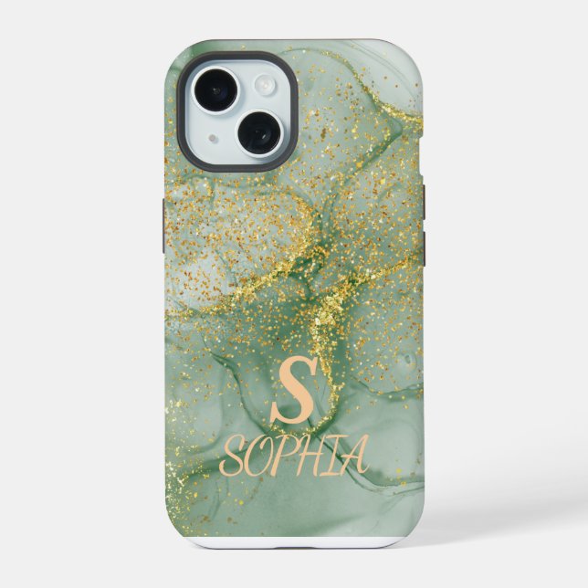 Green marble chic gold glitter monogram iPhone 15 case (Back)