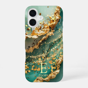 Green marble chic gold glitter monogram iPhone 16 case