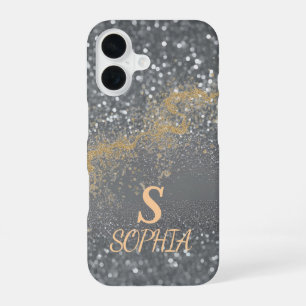Green marble chic gold glitter monogram iPhone 16 case