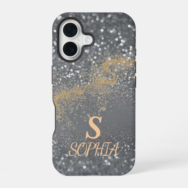 Green marble chic gold glitter monogram iPhone 16 case (Back)