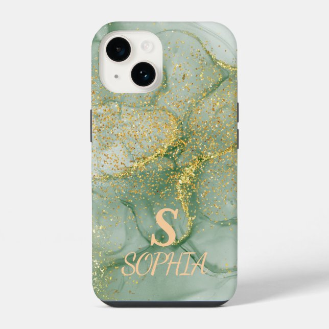 Green marble chic gold glitter monogram iPhone case (Back)