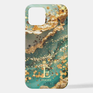 Green marble chic gold glitter monogram iPhone 12 case
