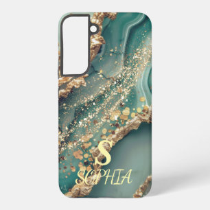 Green marble chic gold glitter monogram samsung galaxy case