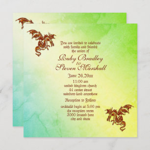 Green Marble Flaming Dragon Fantasy Wedding Invitation