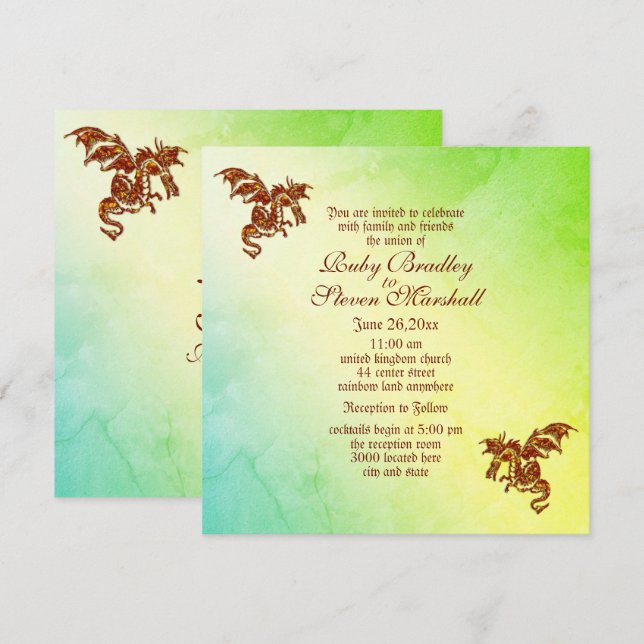 Green Marble Flaming Dragon Fantasy Wedding  Invitation (Front/Back)