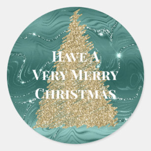 Green Marble Gold Glitter Christmas Tree Classic Round Sticker