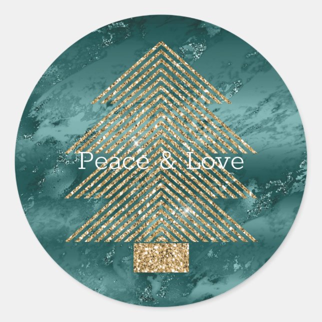 Green Marble Gold Glitter Christmas Tree        Classic Round Sticker (Front)