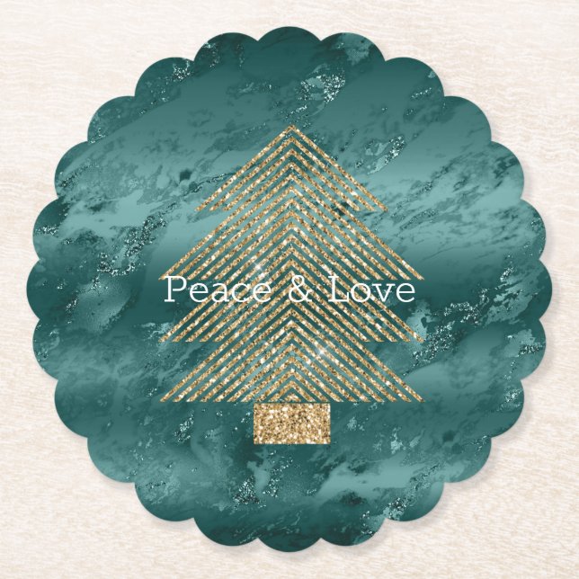 Green Marble Gold Glitter Christmas Tree   Paper Coaster (Front)