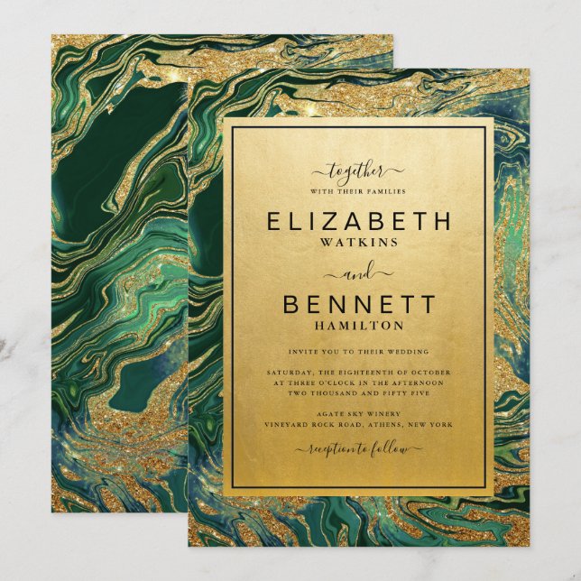 Green Marble Gold Glitter Geode Wedding Invitation (Front/Back)