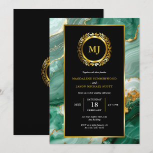 Green Marble Gold Laurel Crest & Black Frame Invitation