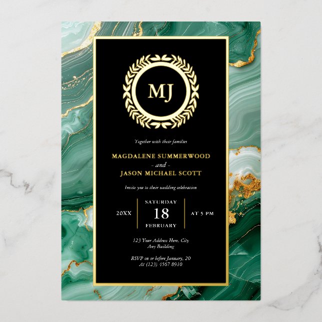 Green Marble Gold Laurel Crest & Black Invitation (Front)