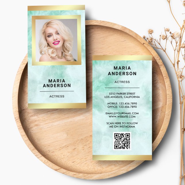 Green Marble Gold Model Actress QR Code Photo Business Card (Creator Uploaded)