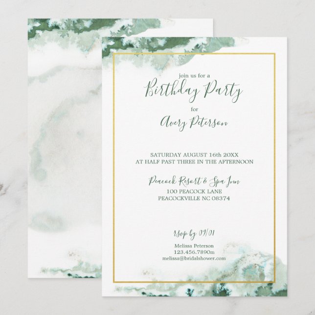 Green Marble Ombre Gold Frame Unisex Birthday Invitation (Front/Back)