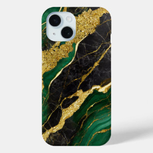 Green Marble Pattern with Gold iPhone 15 Case