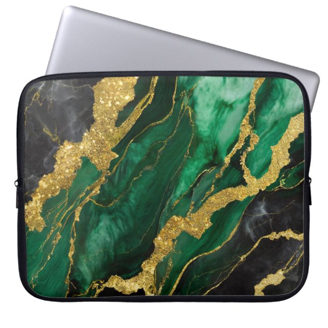 Green Marble Pattern with Gold Laptop Sleeve (Front)