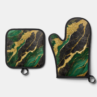 Green Marble Pattern with Gold Oven Mitt & Pot Holder Set