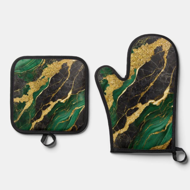 Green Marble Pattern with Gold Oven Mitt & Pot Holder Set (Front)