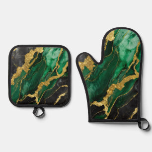 Green Marble Pattern with Gold Oven Mitt & Pot Holder Set