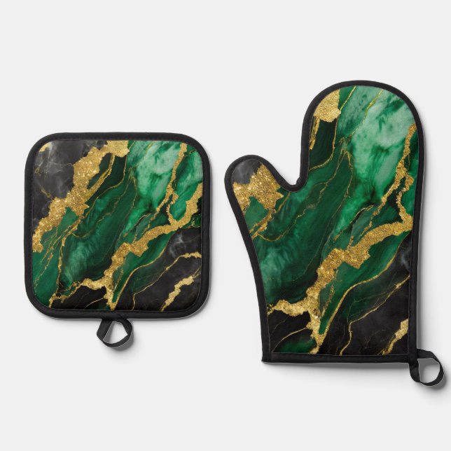 Green Marble Pattern with Gold Oven Mitt & Pot Holder Set (Front)