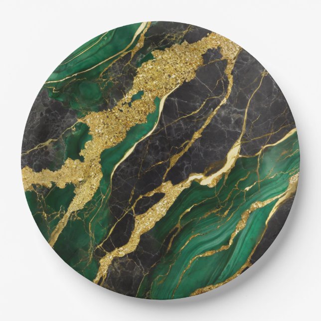 Green Marble Pattern with Gold Paper Plate (Front)