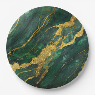 Green Marble Pattern with Gold Paper Plate