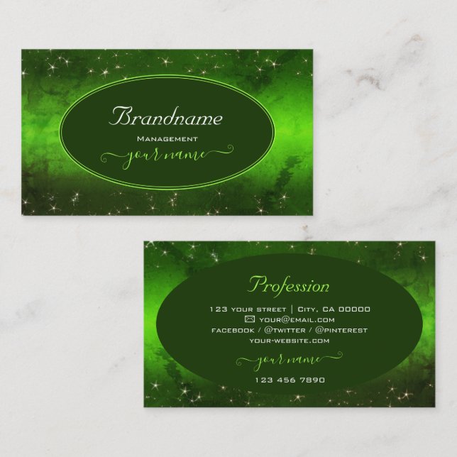 Green Marbled Pattern Cute Glitter Stars Stylish Business Card (Front/Back)