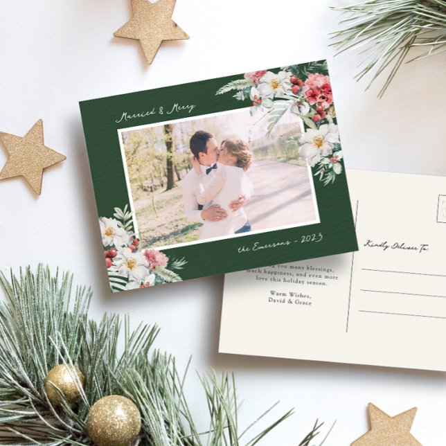 Green Married and Merry Photo Postcard (Green Holiday Photo Postcard with Watercolor Floral Botanical Berries Merry Christmas)