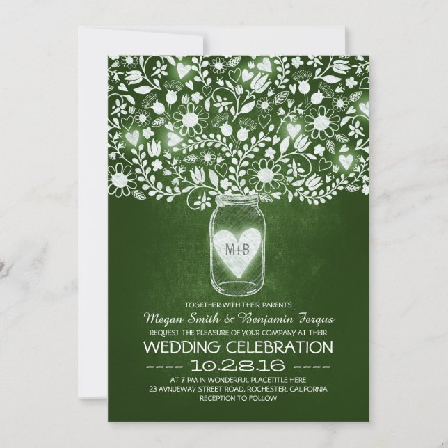 Green mason jar flowers wedding invites (Front)