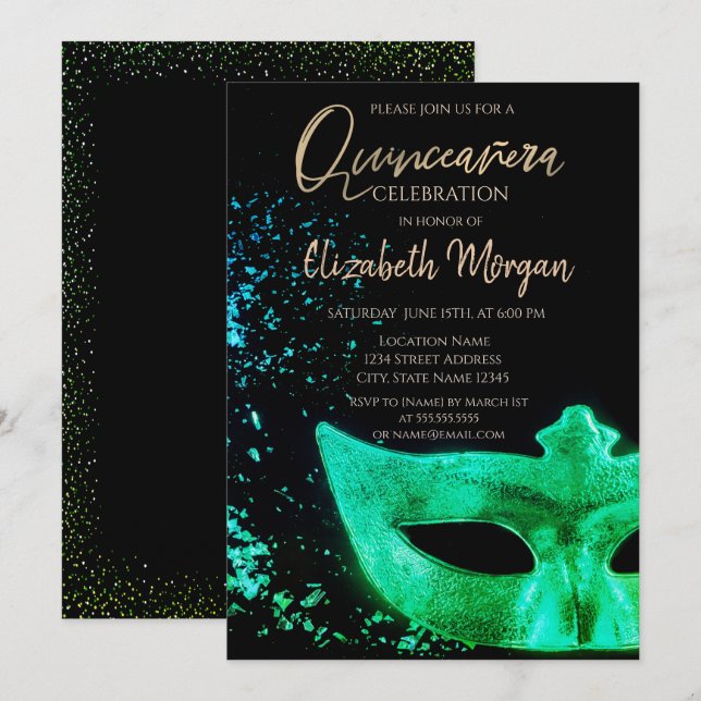 Green Masque,Confetti  Quinceañera  Invitation (Front/Back)