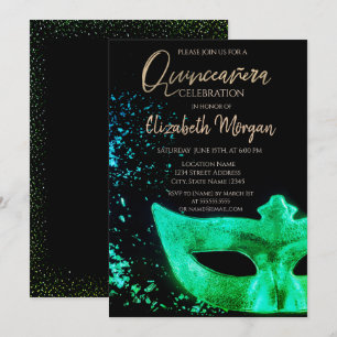 Green Masque,Confetti Quinceañera Invitation