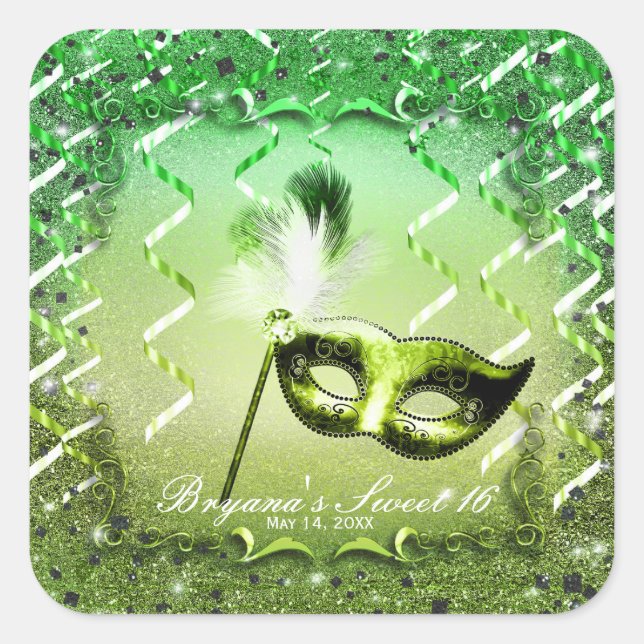 Green Masquerade Mask Elegant Ball Party Square Sticker (Front)