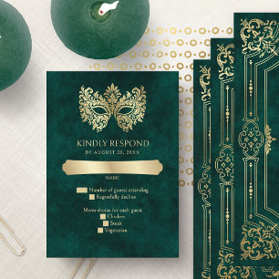 Green Masquerade Mask Elegant Quinceanera RSVP Card