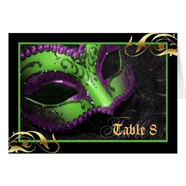 Green Masquerade Mask Table Number Card (Front Horizontal)