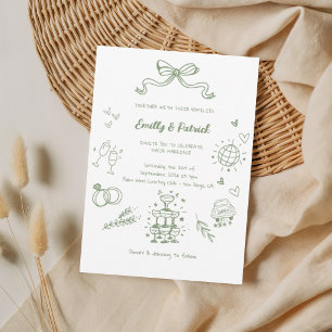 Green Matcha Whimsical Retro Doodle Wedding Invitation