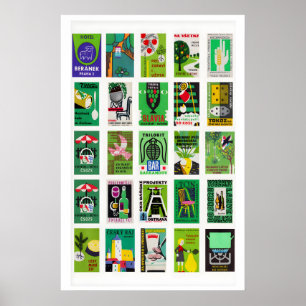 Green matchbox labels Collage, vintage Poster