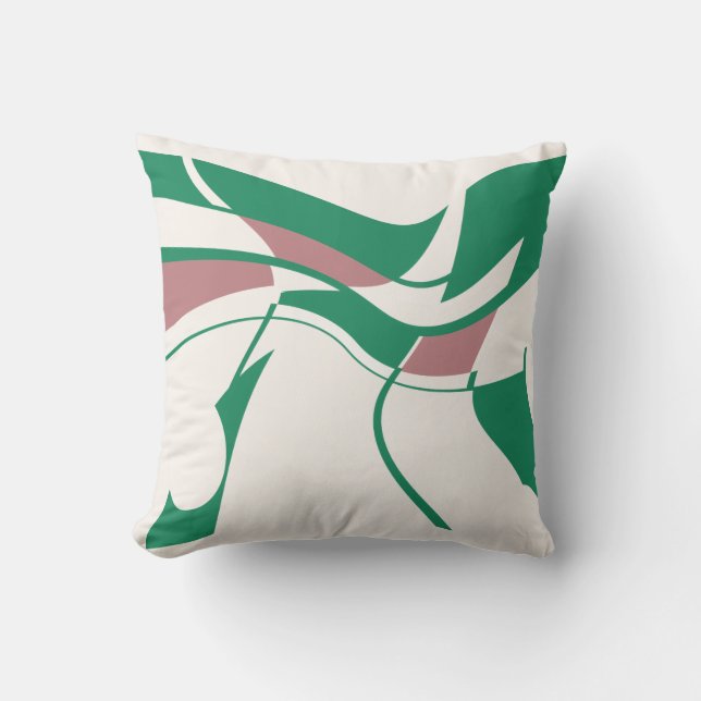 Green Mauve on Off-White Swirling Modern Art Motif Throw Pillow (Front)